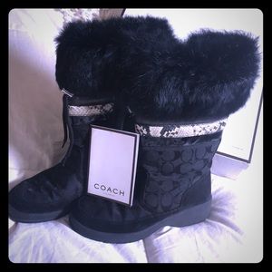 Black COACH monogram Lorna Zip Up Boots with Fur